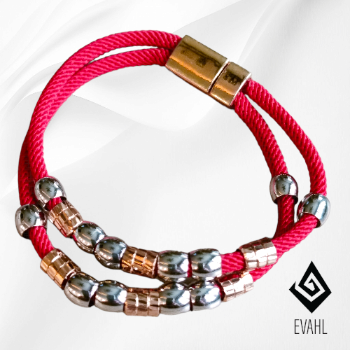 1. Bransoletka czerwona podwójna, srebrno złota (3).png